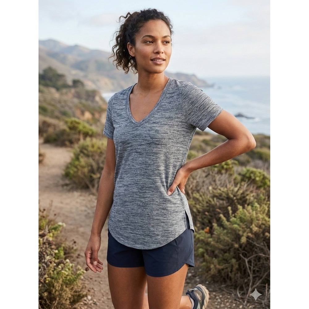 Athleta Breezy Scoop V-Neck Tee Navy Heather Space Dye‎ Short Sleeve Shirt S